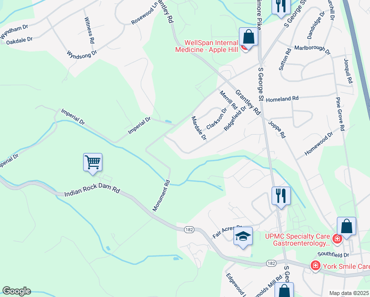 map of restaurants, bars, coffee shops, grocery stores, and more near 193 Ridgefield Drive in York