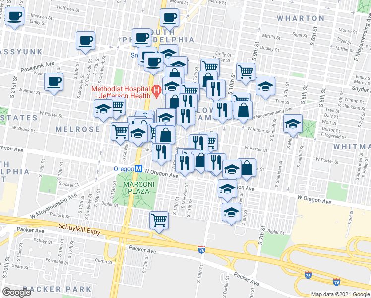 map of restaurants, bars, coffee shops, grocery stores, and more near 2533 South 12th Street in Philadelphia