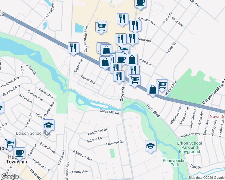map of restaurants, bars, coffee shops, grocery stores, and more near 418 Park Place Drive in Cherry Hill