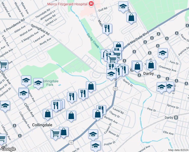 map of restaurants, bars, coffee shops, grocery stores, and more near 1041 South Lynbrook Road in Darby