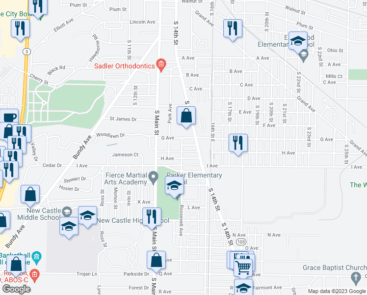 map of restaurants, bars, coffee shops, grocery stores, and more near 1345 Short Street in New Castle