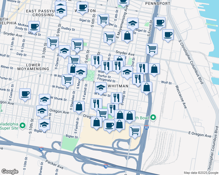 map of restaurants, bars, coffee shops, grocery stores, and more near 345 Gladstone Street in Philadelphia