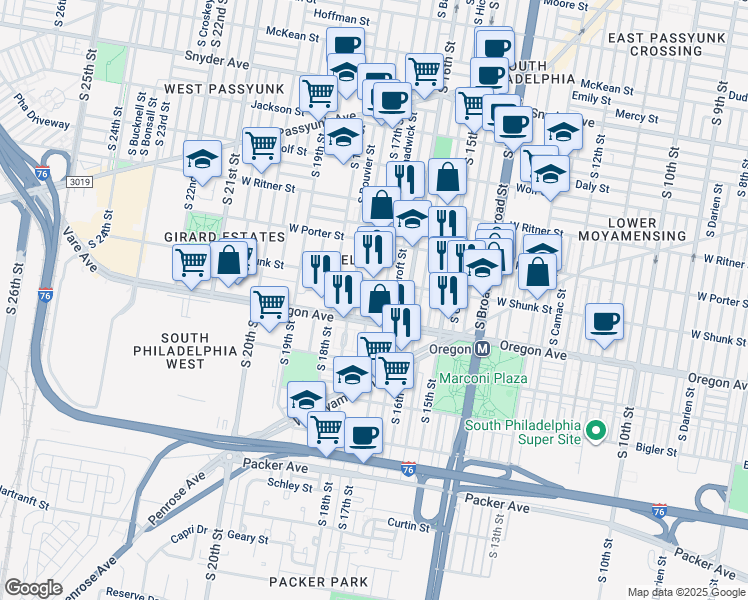 map of restaurants, bars, coffee shops, grocery stores, and more near 2625 South 17th Street in Philadelphia