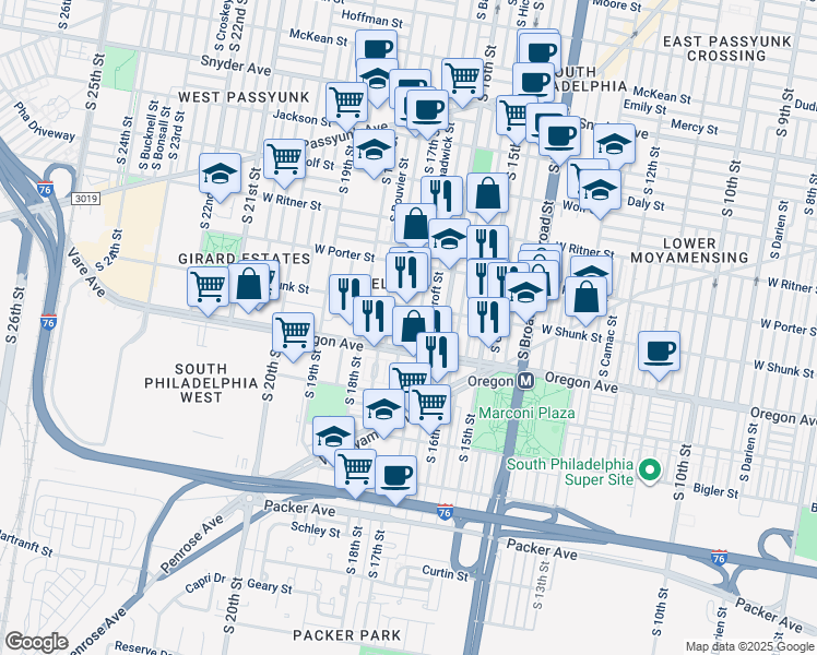 map of restaurants, bars, coffee shops, grocery stores, and more near 2625 South 17th Street in Philadelphia