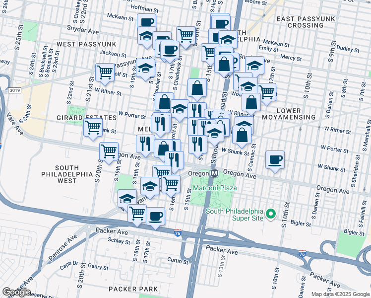 map of restaurants, bars, coffee shops, grocery stores, and more near 2613 South Mole Street in Philadelphia