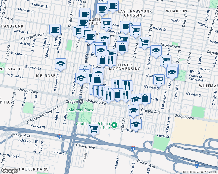 map of restaurants, bars, coffee shops, grocery stores, and more near 2533 South 12th Street in Philadelphia