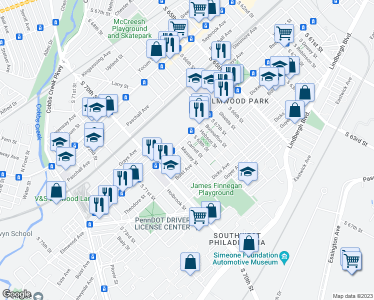 map of restaurants, bars, coffee shops, grocery stores, and more near 2525 Massey Street in Philadelphia