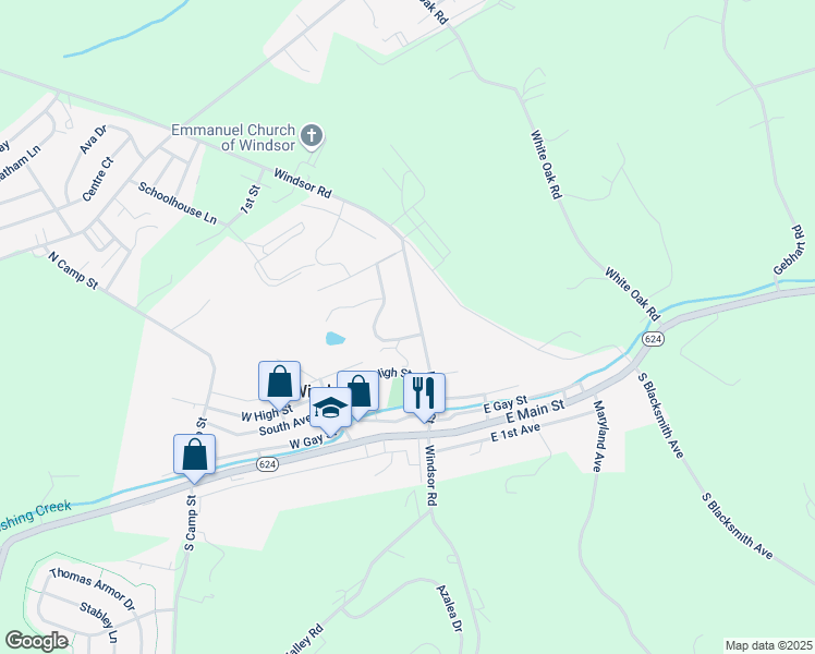 map of restaurants, bars, coffee shops, grocery stores, and more near 66 North Penn Street in Windsor