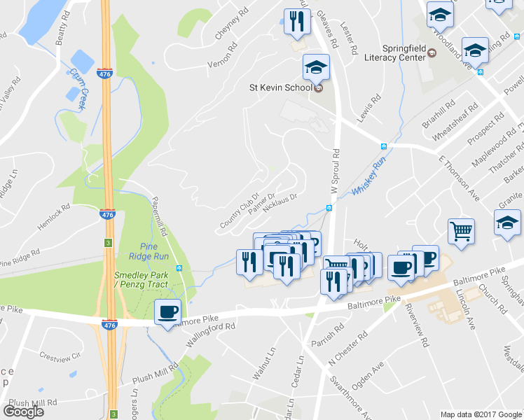map of restaurants, bars, coffee shops, grocery stores, and more near 1534 Nicklaus Drive in Springfield