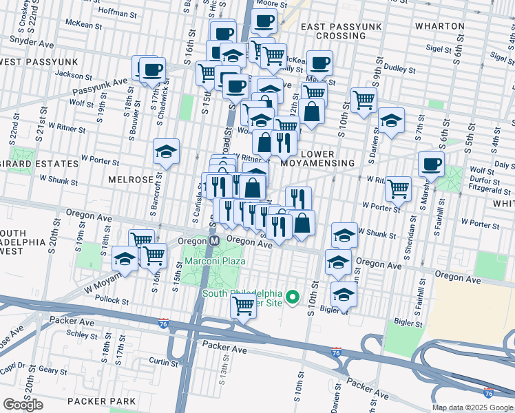 map of restaurants, bars, coffee shops, grocery stores, and more near 2508 South Iseminger Street in Philadelphia