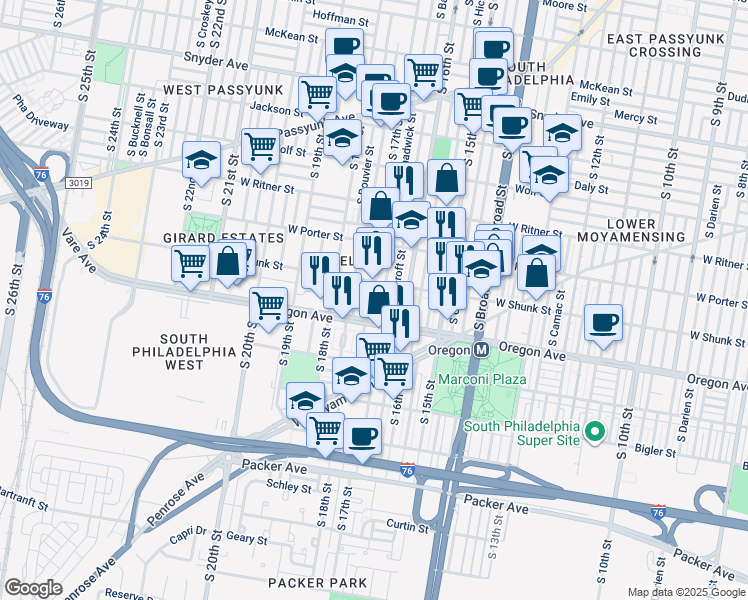 map of restaurants, bars, coffee shops, grocery stores, and more near 2623 South 17th Street in Philadelphia