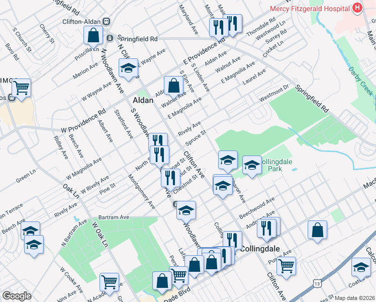 map of restaurants, bars, coffee shops, grocery stores, and more near 1004 Clifton Avenue in Collingdale