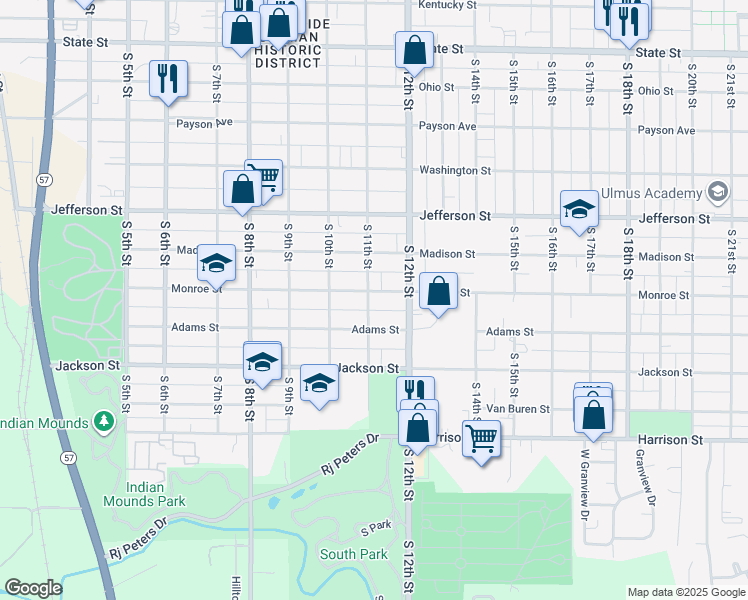 map of restaurants, bars, coffee shops, grocery stores, and more near 1104 Monroe Street in Quincy