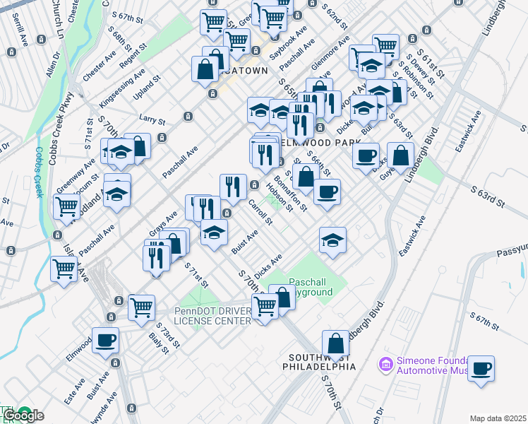 map of restaurants, bars, coffee shops, grocery stores, and more near 2547 Carroll Street in Philadelphia