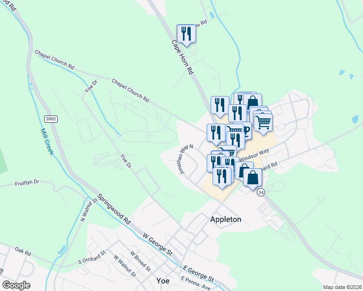 map of restaurants, bars, coffee shops, grocery stores, and more near 152 Jonathan Way North in Red Lion