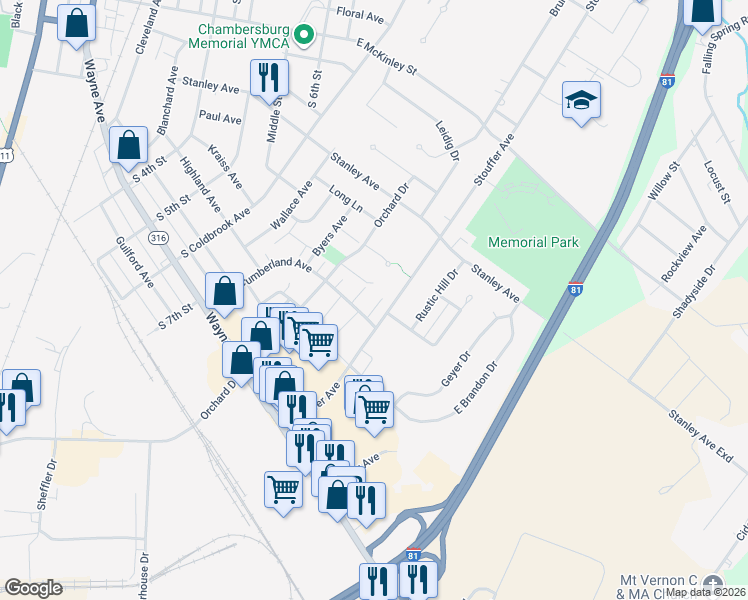 map of restaurants, bars, coffee shops, grocery stores, and more near 18 Cambridge Lane in Chambersburg