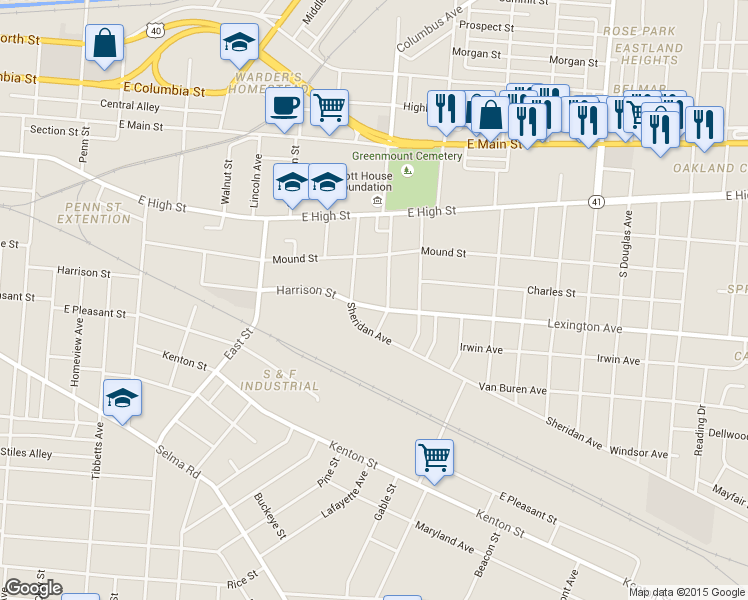 map of restaurants, bars, coffee shops, grocery stores, and more near 1320 Lexington Avenue in Springfield