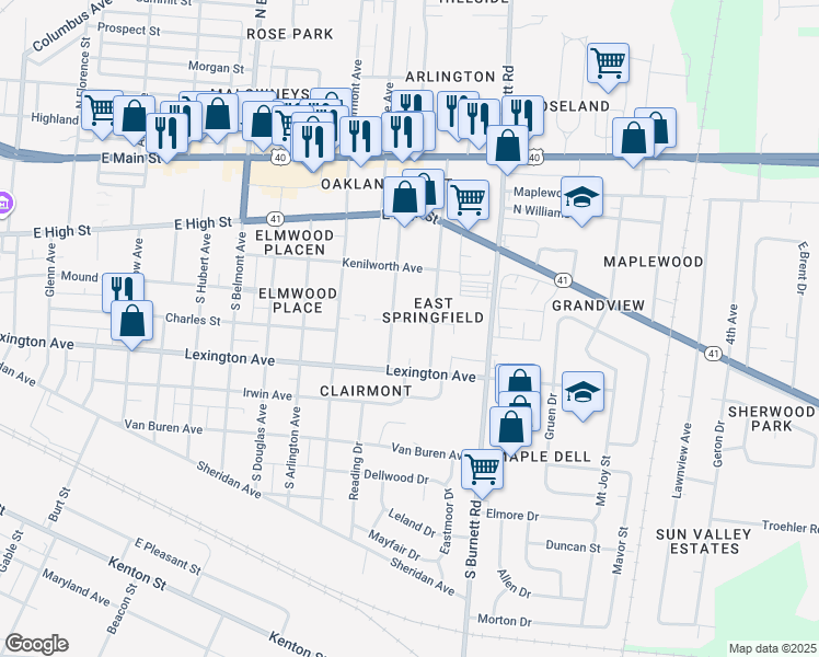 map of restaurants, bars, coffee shops, grocery stores, and more near 2405 Virginia Avenue in Springfield