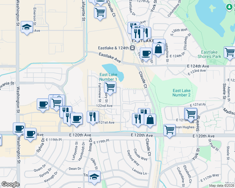 map of restaurants, bars, coffee shops, grocery stores, and more near 12265 Race Street in Northglenn