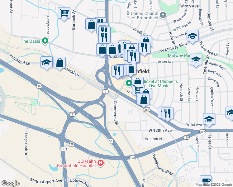 map of restaurants, bars, coffee shops, grocery stores, and more near 1600 U.S. 287 in Broomfield