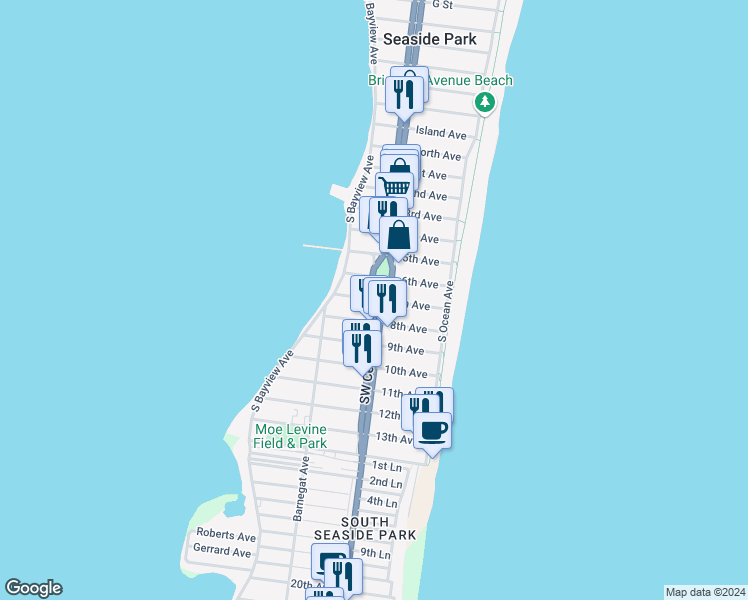 map of restaurants, bars, coffee shops, grocery stores, and more near 704 Southeast Central Avenue in Seaside Park