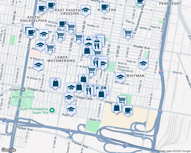 map of restaurants, bars, coffee shops, grocery stores, and more near 637 West Porter Street in Philadelphia