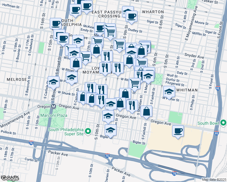map of restaurants, bars, coffee shops, grocery stores, and more near 2508 South Darien Street in Philadelphia