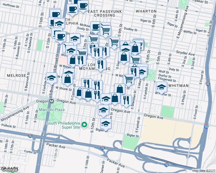 map of restaurants, bars, coffee shops, grocery stores, and more near 2516 South Percy Street in Philadelphia