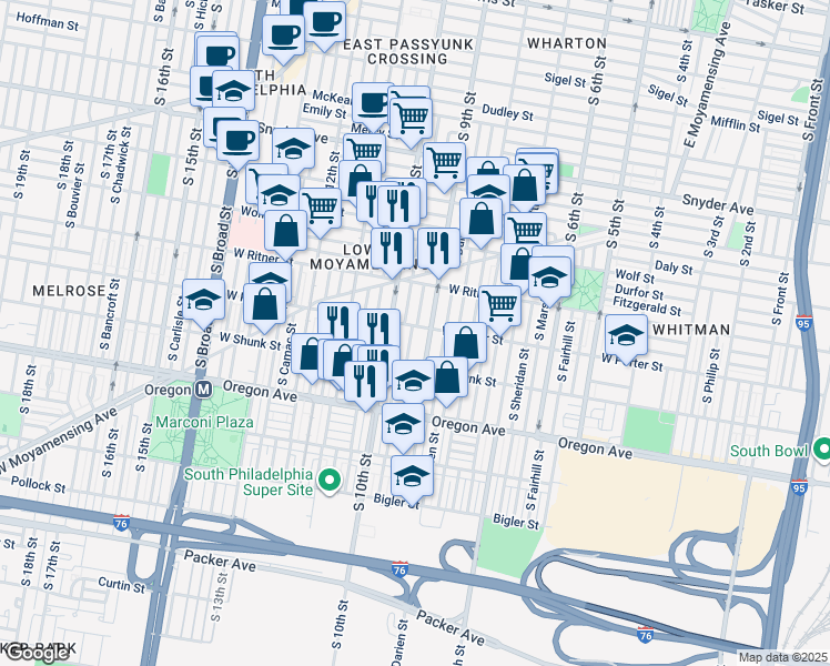 map of restaurants, bars, coffee shops, grocery stores, and more near 2516 South Percy Street in Philadelphia
