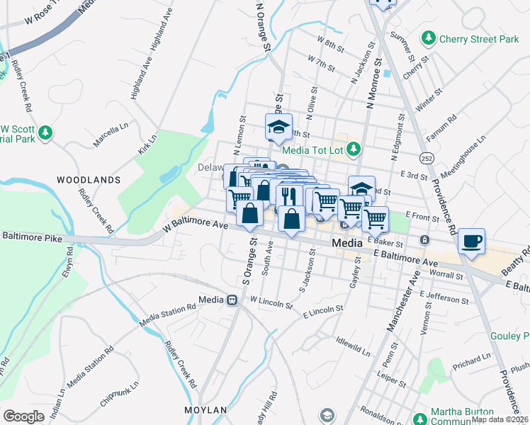 map of restaurants, bars, coffee shops, grocery stores, and more near 215 West Baker Street in Media