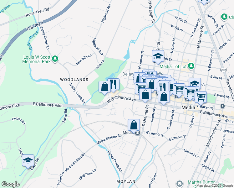 map of restaurants, bars, coffee shops, grocery stores, and more near in Media