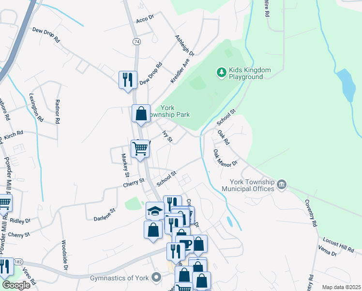 map of restaurants, bars, coffee shops, grocery stores, and more near 54 Oak Street in York