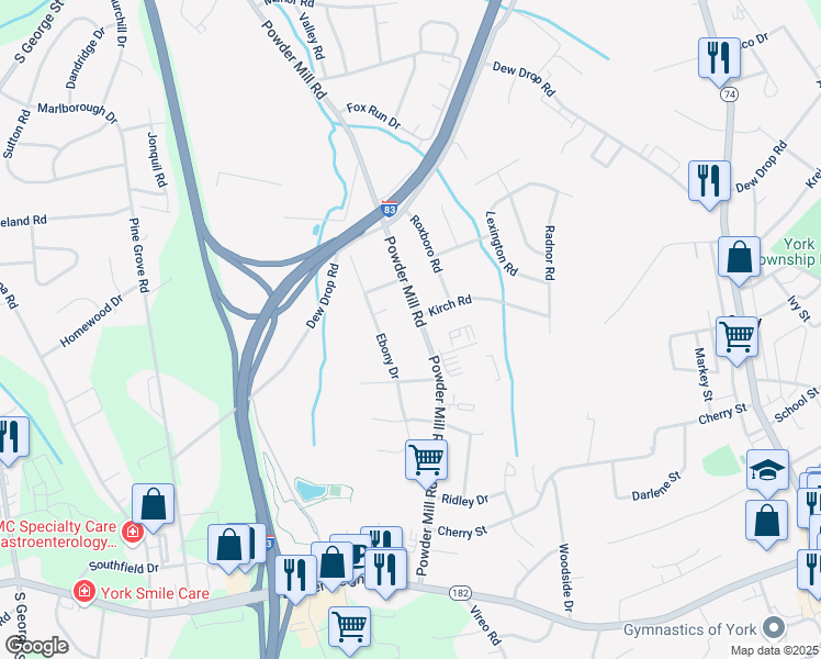 map of restaurants, bars, coffee shops, grocery stores, and more near 1854 Powder Mill Road in York