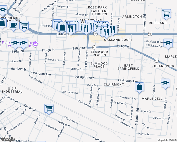 map of restaurants, bars, coffee shops, grocery stores, and more near 2013 Charles Street in Springfield