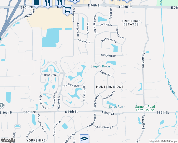 map of restaurants, bars, coffee shops, grocery stores, and more near 8914 Powderhorn Lane in Indianapolis