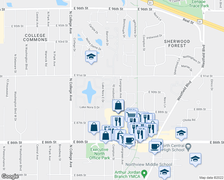 map of restaurants, bars, coffee shops, grocery stores, and more near 1007 East 90th Street in Indianapolis