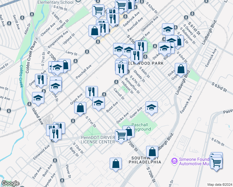 map of restaurants, bars, coffee shops, grocery stores, and more near 2532 Carroll Street in Philadelphia