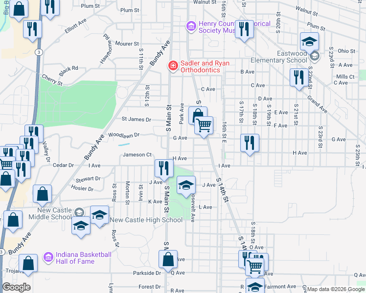 map of restaurants, bars, coffee shops, grocery stores, and more near 420 Park Avenue in New Castle