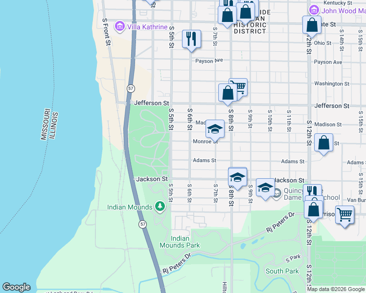 map of restaurants, bars, coffee shops, grocery stores, and more near 1100-1130 South 6th Street in Quincy