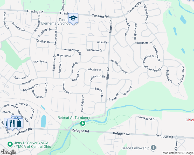 map of restaurants, bars, coffee shops, grocery stores, and more near 7303 Havencroft Drive in Reynoldsburg