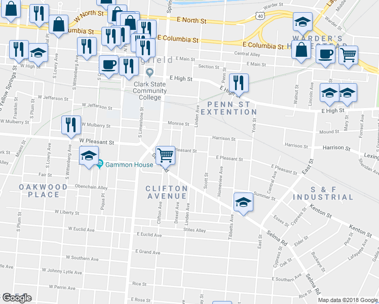 map of restaurants, bars, coffee shops, grocery stores, and more near 501 Linden Avenue in Springfield