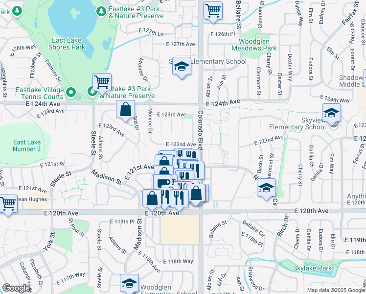 map of restaurants, bars, coffee shops, grocery stores, and more near 3800 East 122nd Avenue in Thornton