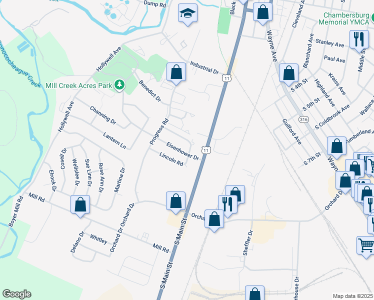 map of restaurants, bars, coffee shops, grocery stores, and more near 101 Eisenhower Drive in Chambersburg