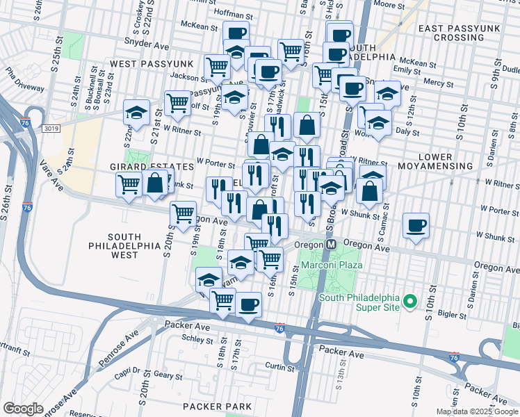 map of restaurants, bars, coffee shops, grocery stores, and more near 2620 South Chadwick Street in Philadelphia