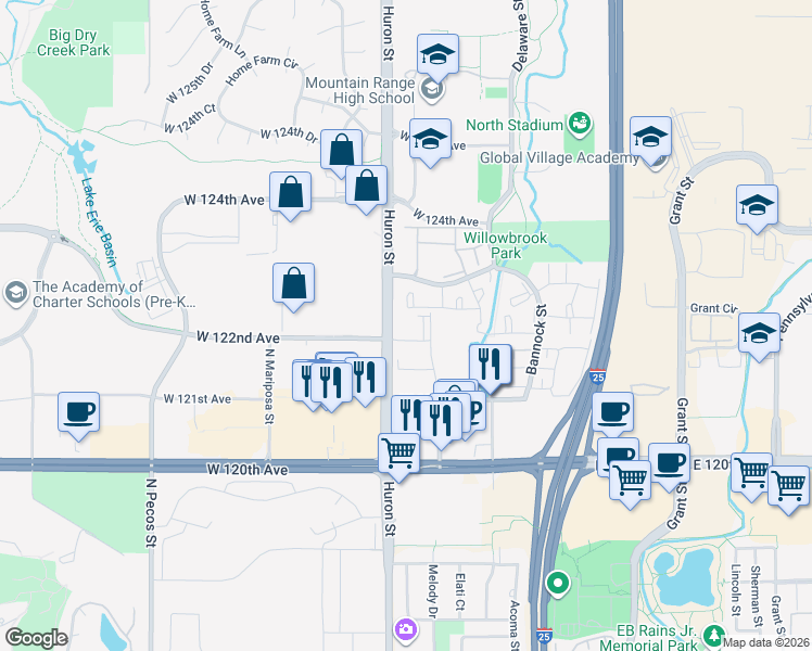 map of restaurants, bars, coffee shops, grocery stores, and more near 12183 Melody Drive in Westminster