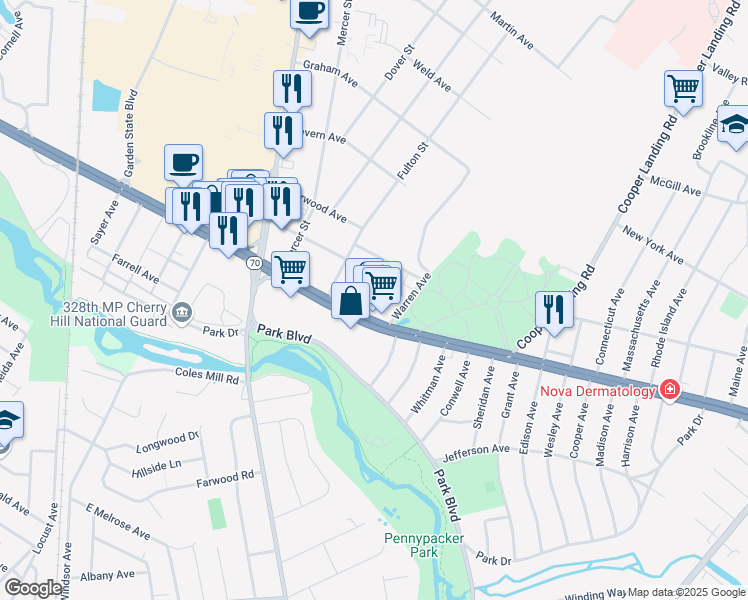 map of restaurants, bars, coffee shops, grocery stores, and more near 1214 Chambers Avenue in Cherry Hill