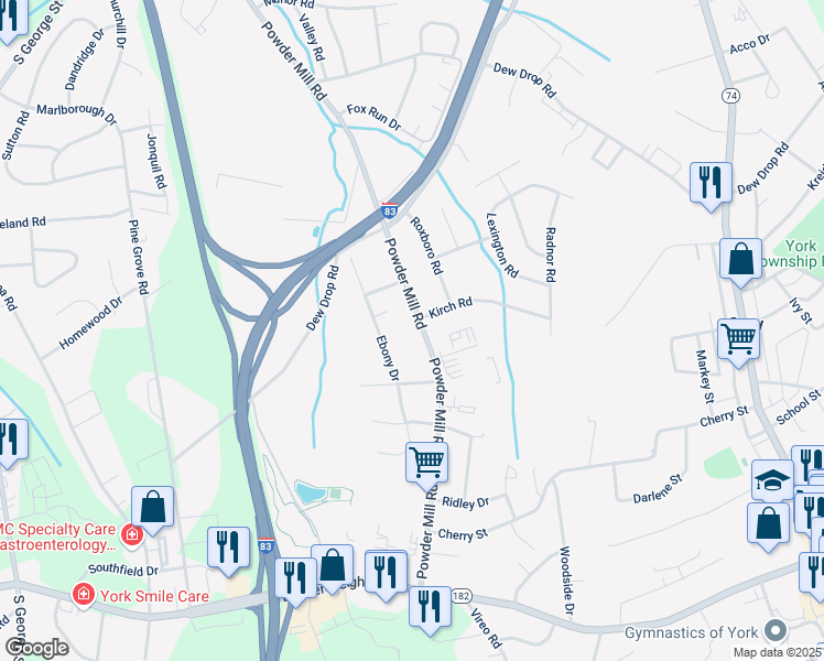 map of restaurants, bars, coffee shops, grocery stores, and more near 1854 Powder Mill Road in York