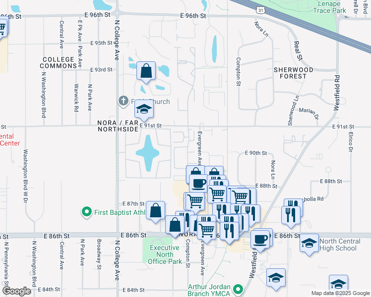 map of restaurants, bars, coffee shops, grocery stores, and more near 1007 East 90th Street in Indianapolis