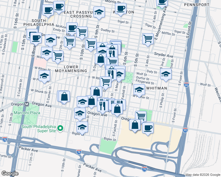 map of restaurants, bars, coffee shops, grocery stores, and more near 637 West Porter Street in Philadelphia