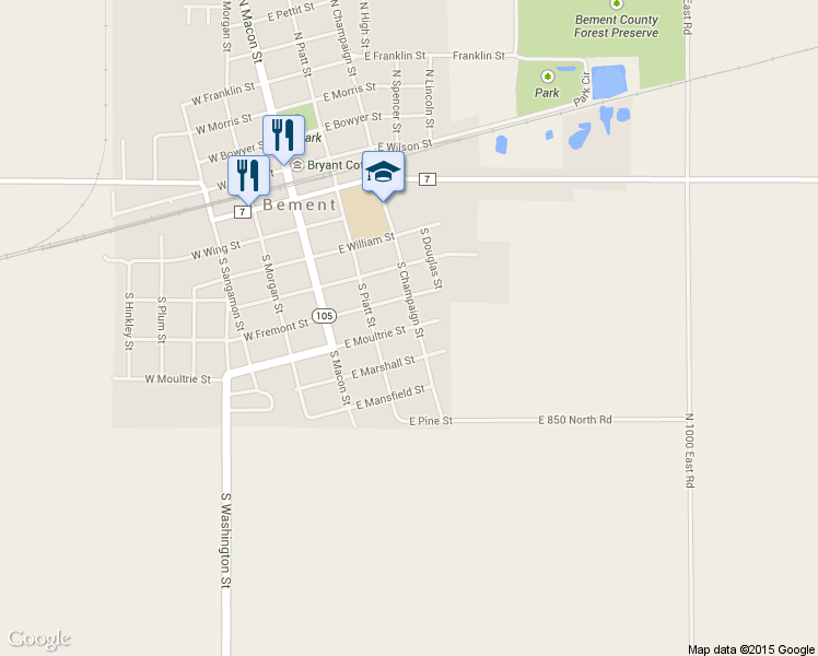 map of restaurants, bars, coffee shops, grocery stores, and more near 281 East Moultrie Street in Bement